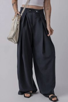 Features: Basic style Sheer: Opaque Material composition: 100% polyester Care instructions: Machine wash cold. Tumble dry low. Imported Size US Waist Hip Inseam Bottom... Pleated Wide Leg Pants, Stylish Pants, Pants With Pockets, Leg Design, Waist Pants, Basic Style, Blue Hues, Swimwear Tops, Dark Navy