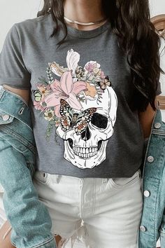 Floral Skull Graphic Tee. Unisex Crew Neck 100%COTTON HEATHER(52%COTTON,48%POLY) ATH.HEATHER,BLACK HEATHER(90%COTTON,10%POLY) Imported Jumper Denim, Casual Bodysuit, Biker Shirts, Skull Graphic, Floral Skull, Leather Denim, Sweater Tank Top, Leather Motorcycle Jacket, Denim Leggings