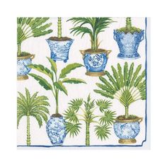 blue and white potted plants on a napkin