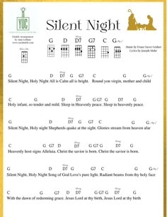 the guitar chords for silent night, which are arranged in different styles and fonts