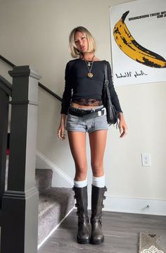 Girly And Edgy Outfits, Y2k Outfits Black And White, Black Rhinestone Shorts Outfit, Boots Inspo Outfit, Grunge Sleaze Outfits, Concert Outfit Ideas With Boots, Moto Boots Outfit Aesthetic, Shorts And Tights Outfit Summer, Disco Shorts Outfit