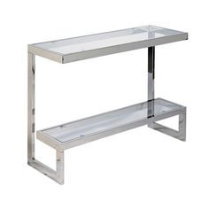 a chrome and glass console table with shelves on the bottom, one shelf is empty