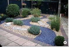 a garden with gravel, rocks and plants