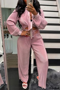 Olivia Mark - Fashionable Light Pink Street Patchwork Cardigan with Collar and Long Sleeves - Two-Piece Set Shirt Collar Styles, Look Casual Chic, Patchwork Cardigan, Two Piece Pants Set, Turndown Collar, Loose Blouse, Casual Sets, White Casual, Pink Fashion