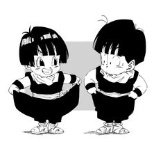 two cartoon characters with black and white hair