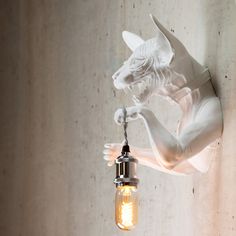 a light that is on the wall with a cat figure hanging from it's side