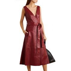 Handmade Women's Genuine Lambskin Leather V neck Sleeveless Mid Calf Red Dress V Neckline, Lambskin Leather, Mid Calf, Women Collection, Midi Length, Red Dress, V Neck, Red, Leather