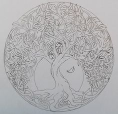 a drawing of a tree in a circle with leaves on the bottom and an animal's head at the center