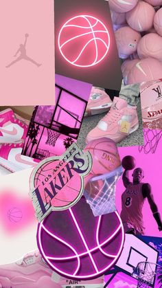 a collage of pink and purple basketballs, nike shoes, air jordan sneakers