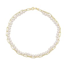 Express your stylish self with the mix of elegant and chic in this freshwater cultured pearl and paper clip chain double-strand necklace. Crafted in sterling silver with 18K gold plate This double-strand design features luminous 5.0-7.0mm freshwater cultured pearls along a knotted thread. A polished paper clip link chain adds a modern and trendy touch to this layered look. The 17.0-inch necklace secures with a lobster claw clasp. Elegant Gold Pearl Necklace With Paperclip Chain, Elegant Pearl Necklace With Paperclip Chain, Elegant Double Chain Paperclip Necklace, Elegant Paperclip Shape Double Chain Necklace, Double Strand Necklace, Peoples Jewellers, Pearl Jewelry Necklace, Women Men Shoes, Freshwater Cultured Pearls