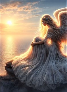 an angel sitting on top of a cliff next to the ocean with her wings outstretched