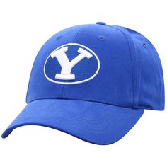 a blue hat with the letter y in white embroidered on it's front side