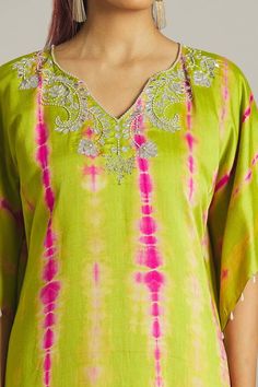 Green and pink tie-dyed kaftan with all over abstract pattern and contrast aari embroidered yoke. Paired with pleated cowl draped dhoti pant. - Aza Fashions Traditional Summer Kaftan With Dupatta, Summer Festive Kurta With Ikat Print, Traditional Kaftan With Batik Print For Festive Occasions, Summer Ikat Print Kurta For Festive Occasions, Bohemian Bandhani Print Summer Sets, Bohemian Sets With Zari Work For Summer, Summer Multicolor Kurta With Traditional Drape, Traditional Ikat Print Kaftan For Summer, Summer Bandhani Print Kaftan