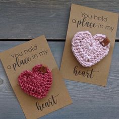 two valentine's day cards with crocheted hearts on them, one says you hold a place in my heart and the other says you hold a place in my heart