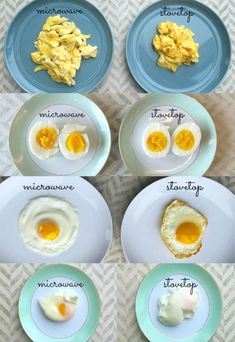 four plates with different types of eggs on them and the names of each one in english