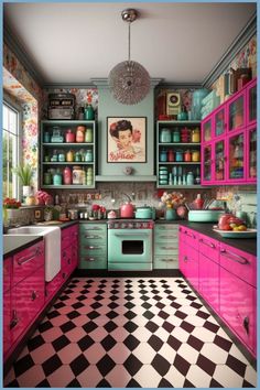 Retro-themed kitchen with bright pink cabinets, checkered floor, and vintage décor. Retro Apartment Decor Eclectic, Barbie Kitchen Ideas, Vintage Boho Kitchen, Cute Kitchen Themes, Colorful Eclectic Kitchen, Retro Kitchen Ideas, Vintage House Interior, Unique Decorating Ideas, Eclectic Interior Design Vintage