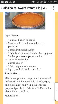 the ingredients for a sweet potato pie are shown in this recipe card, which includes instructions to make it