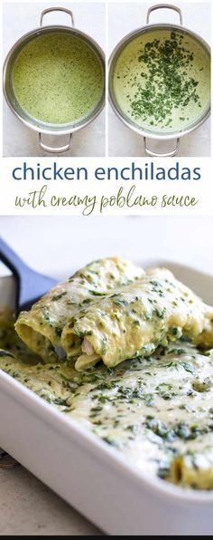 chicken enchiladas with creamy polenta sauce in a casserole dish