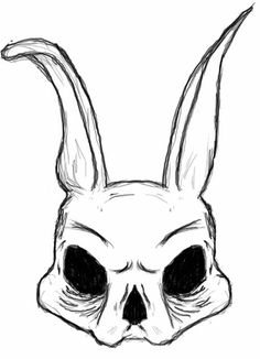 a drawing of a skull with horns on it's head and ears in the shape of a rabbit