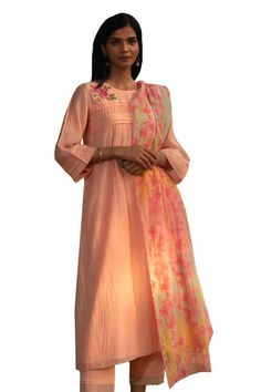 Peach kurta with delicate pleats and placed flower embroidery. Comes with tiny scalloped embroidered hem pant and floral printed dupatta. - Aza Fashions Kurta Set With Dupatta, Embroidered Hem, Printed Dupatta, How To Hem Pants, Kurta Set, Flower Embroidery, Pants Pattern, Embroidery Flowers, Floral Printed