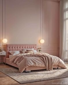 a pink bedroom with an upholstered bed and two lamps on either side of the bed