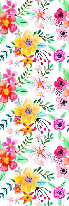 watercolor flowers on a white background with green leaves and red, yellow, pink, orange, and blue colors