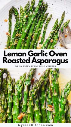 lemon garlic oven roasted asparagus on a white plate