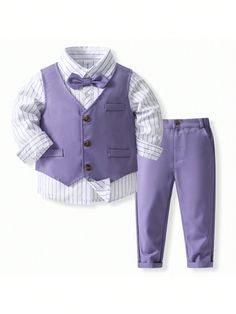 Young Boy Suit With Striped Long Sleeve Shirt & Vest & Pants For Performace Flower Boy Dress Purple Party    Colorblock,Striped  Non-Stretch  Young Boys Clothing, size features are:Bust: ,Length: ,Sleeve Length: College Style Outfits, Bow Tie Pants, Vertical Striped Shirt, Gentleman Outfit, Formal Shirt Dress, Gilet Long, Striped Long Sleeve Shirt, Toddler Boy Outfits