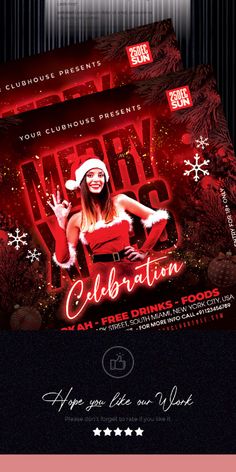 a flyer for a christmas party with a woman in santa hat and red dress on it