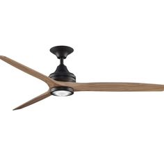 a black ceiling fan with wooden blades and a light on the blade, against a white background