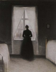 a painting of a woman standing in front of a window