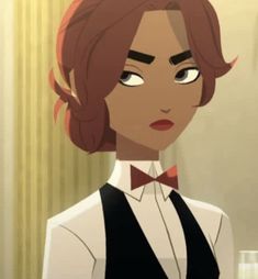 an animated image of a woman wearing a bow tie