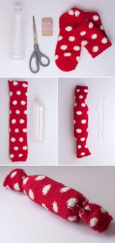 crocheted red and white scarfs are being made with scissors, thread, glue, and yarn