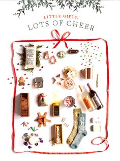 a christmas card with lots of items on it and the words little gifts, lots of cheer