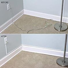 two pictures showing the same floor lamp before and after remodeling, with one light turned on