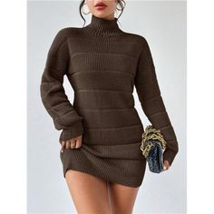 -Item Id 26515526 -Details: Rib-Knit -Neckline: High Neck -Sleeve Type: Drop Shoulder -Style: Casual -Waist Line: Natural -Hem Shaped: Pencil -Color: Coffee Brown -Pattern Type: Plain -Sleeve Length: Wrist-Length Sleeve -Length: Short -Fit Type: Regular Fit -Fabric: Slight Stretch -Material: Knitted Fabric -Composition: 100% Acrylic -Care Instructions: Hand Wash Or Professional Dry Clean -Temperature: Spring/Fall (18-25/63-77) -Sheer: No **Open To Offers!!!** **Bundle To Save More** **30% Off Bu Turtleneck Sweater Dress, Classy Chic, Chic Boutique, Boutique Dresses, Length Sleeve, Rib Knit, Going Out, Sweater Dress, Types Of Sleeves