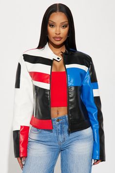 Available In Multi Color. Faux Leather Jacket Colorblock Detail Full Zip Closure Shell: 100% Polyurethane Lining: 100% Polyester Imported | Fast Nights Faux Leather Jacket size Medium by Fashion Nova Halloween Top, Sweater Jumpsuit, Color Fashion, Faux Leather Jacket, Suede Jacket, Faux Leather Jackets, Colorful Fashion, Women Clothes Sale, Fashion Nova