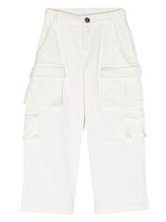 white stretch-cotton logo print to the rear straight leg mid-rise concealed fly and button fastening belt loops two diagonal pockets to the sides multiple cargo pockets straight hem Cotton Straight Cargo Pants With Flap Pockets, Straight Cotton Cargo Pants With Flap Pockets, Streetwear Cargo Pants With Patch Pockets, White Cargo Pocket Trousers, White Streetwear Pants With Side Pockets, Baggy White Cargo Jeans For Spring, White Baggy Cargo Jeans For Spring, Baggy White Parachute Pants With Pockets, White Baggy Parachute Pants With Pockets