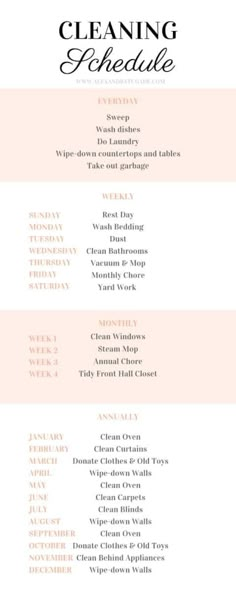 the cleaning schedule is shown in pink and white