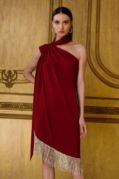 Shop for Kangana Trehan Maroon Crepe One Shoulder Draped Fringe Dress for Women Online at Aza Fashions Dress Maroon, Maroon Dress, Fringe Dress, Dress For Women, Aza Fashion, Dresses Online, One Shoulder Formal Dress, One Shoulder Dress, Shoulder Dress