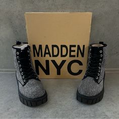 Madden Nyc Rhinestone Chunky Heel Combat Boots Women’s Size: 8.5 Condition: New In Original Box Material: Manmade Materials Upper; Manmade Materials Outsole Care: Wipe Clean Country Of Origin: Imported Closure: Lace-Up Closure With Inner Zip Features: Rhinestone Embellishments; Comfort Foam Insole; Flexible Lug Outsole; Welt Stitch Detail Women’s Chunky Lug Combat Boots From Madden Nyc Please Send Me A Message If You Have Any Questions ~~~Feel Free To Checkout My Other Listings ~~~ Thanks For St Trendy Rhinestoned Winter Boots, Trendy Rhinestone Winter Boots, Trendy Winter Boots With Rhinestones, Winter Rhinestone Boots With Round Toe, Winter Boots With Rhinestones And Round Toe, Trendy Rhinestone Boots For Fall, Trendy Winter Boots With Rhinestone Rivets, Trendy Round Toe Boots With Rhinestone Rivets, Silver Bling Boots With Round Toe