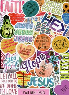 many different stickers and words on a white background with the word jesus written in pink