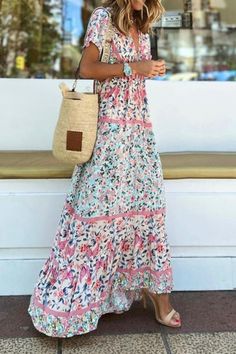 V Neck Short Sleeve Floral Bohemia Maxi Dress Small Highlights, Dress Pink Short, Shorts Rosa, Maxi Dress Designs, Womens Long Dresses, Summer Weather, Plus Size Outerwear, Maxi Robes, Palau