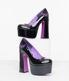 Purple & Black Elvira Dagger Pumps – Unique Vintage Cute Purple Clothes, Dark Purple High Heels, Dark Purple Shoes, Plus Size Heels, Novelty Shoes, Elegant Goth, Purple Goth, Bat Skull, Pinterest Wardrobe