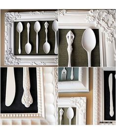 a collage of spoons and utensils in white frames with the words spray painted on them