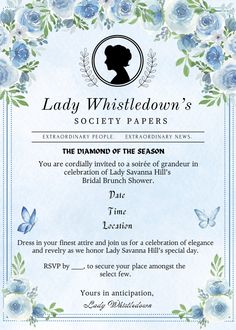 the certificate for lady whisledon's society papers, which features blue roses and