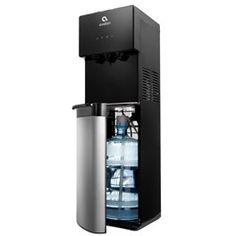 the water dispenser is black and silver