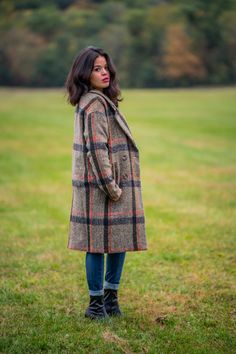 ELEANOR PLAID LONG COAT Orange Plaid, Grey Coat, Green Grey