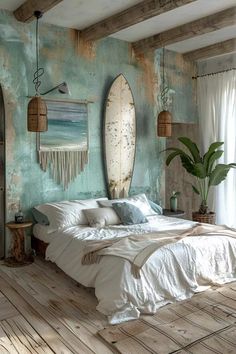 a bedroom with a surfboard hanging on the wall and a bed in front of it