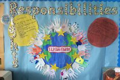 a bulletin board with handprints and other writing on it that says responsibilities